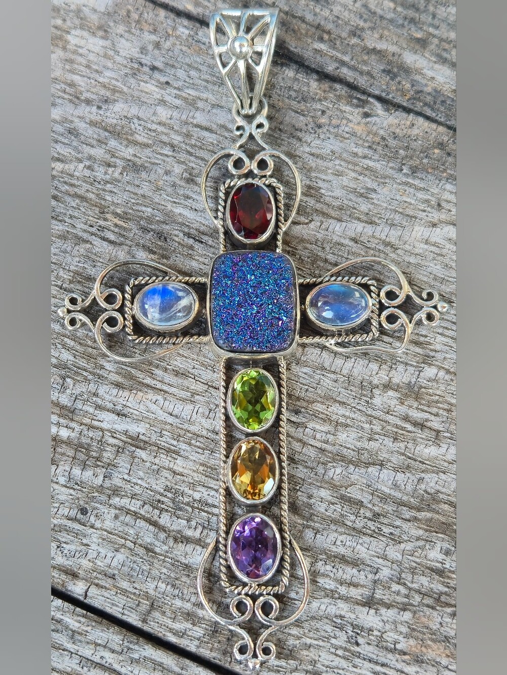 NICKY BUTLER Designer Signed 925 Sterling Silver Druzy Moonstone Cross Pendant